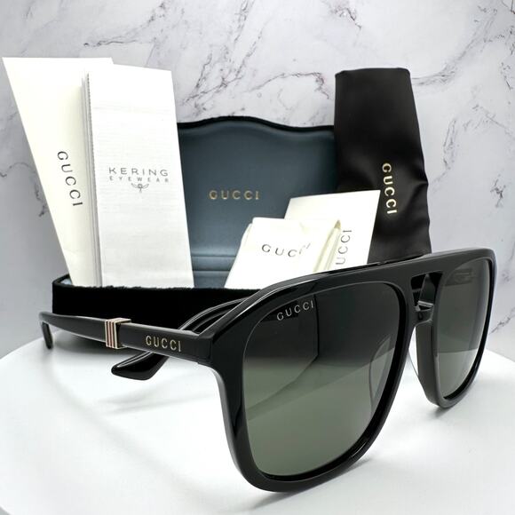 New GUCCI Sunglasses Black Aviator Pilot Gold Logo Metal Red Green Web Gucci